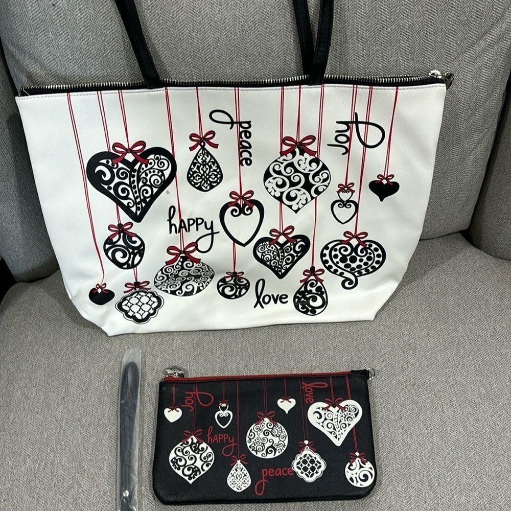 BRIGHTON Love Notes Holiday Tote with matching wristlet White, Red, Black